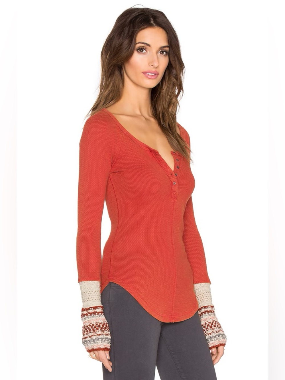 Free People Ski Lodge Thermal Top Crimson Combo Cozy Cuff Blouse Women Size L